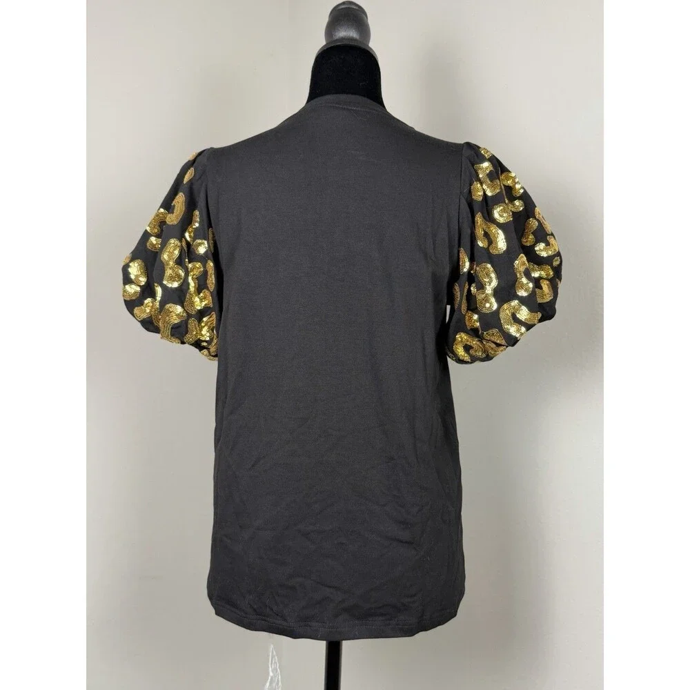 Sash Clothing Bar Saints Sequin Fleur De Lis Top XS Black Gold Puff Sleeve